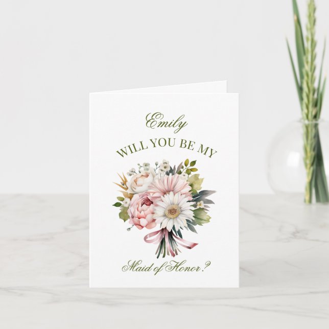 Pink Daisy Bouquet Maid of Honor Proposal Invitation (Front)