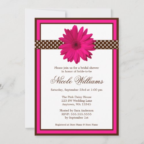 Pink Daisy Brown Polka Dots Bridal Shower Invitation