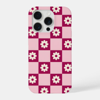 Pink Daisy Checkerboard Pattern iPhone 15 Pro Case