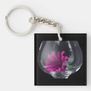 Pink Daisy Closeup In A Wine Glass Keychain