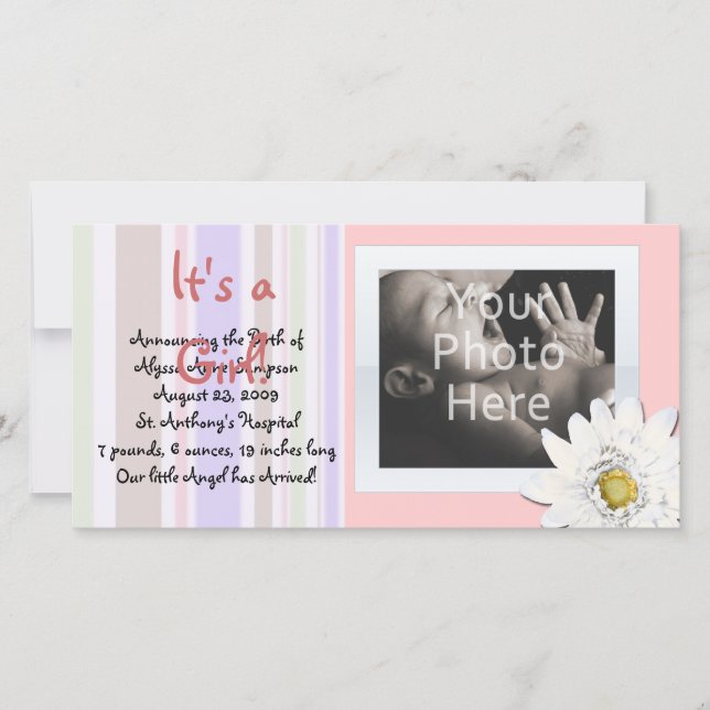 Pink Daisy Custom Photo Card Baby Announcement (Front)