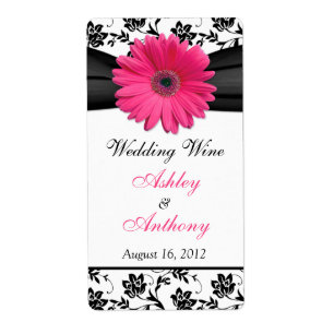Pink Daisy Damask Wedding Wine Bottle Labels