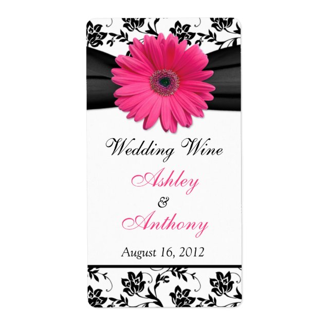 Pink Daisy Damask Wedding Wine Bottle Labels (Front)