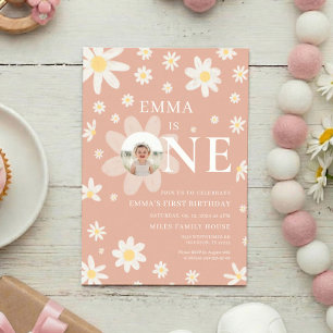 Pink Daisy First 1st Birthday Photo invitation
