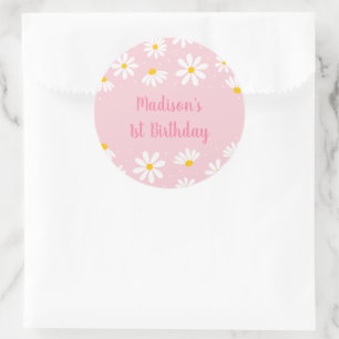 Pink Daisy First Birthday Classic Round Sticker