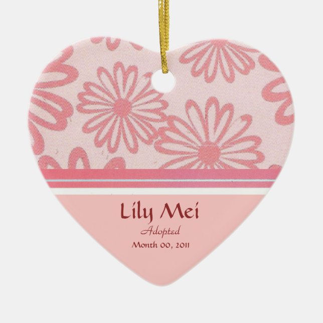 Pink Daisy Floral Adoption Announcement Keepsake Ceramic Ornament (Front)