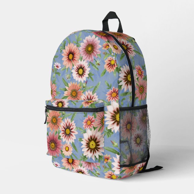 Pink Daisy Floral Botanical Art on Blue Printed Backpack (Back Corner Right)