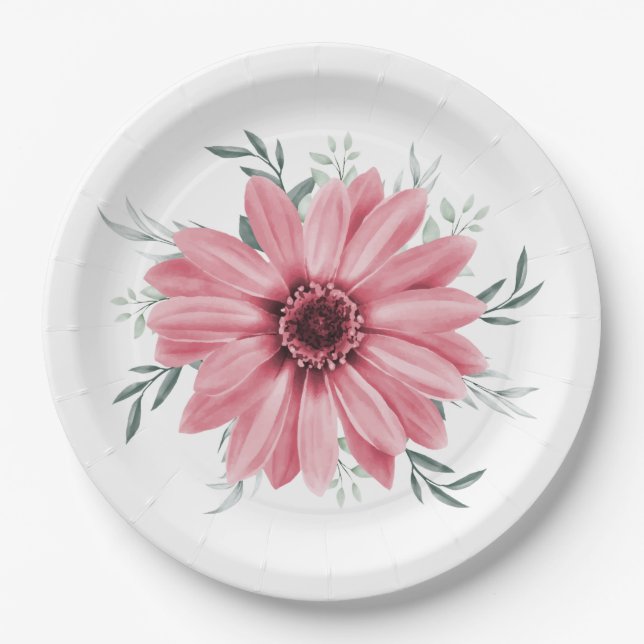 Pink Daisy Floral Bridal Shower Paper Plates (Front)