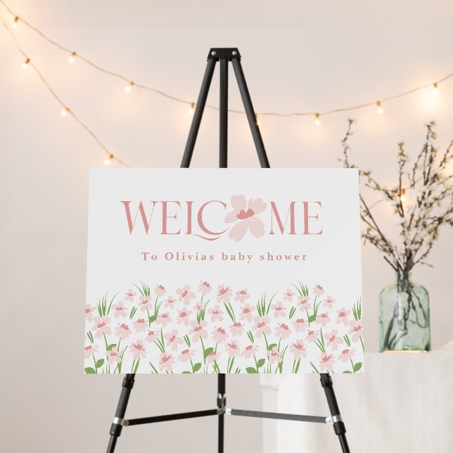 Pink daisy floral elegant baby shower welcome foam board (In Situ (Stand))