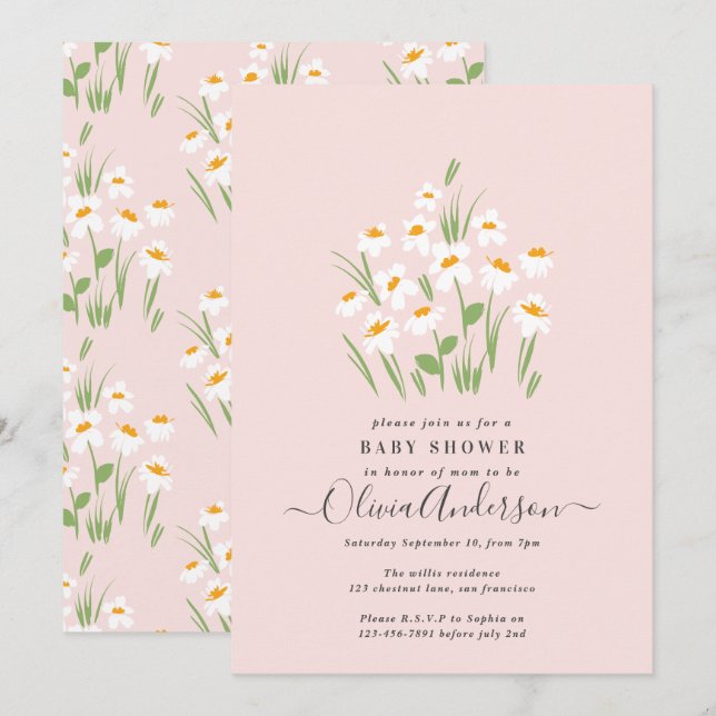 Pink daisy floral elegant beautiful baby shower invitation (Front/Back)