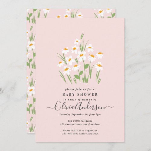 Pink daisy floral elegant beautiful baby shower invitation