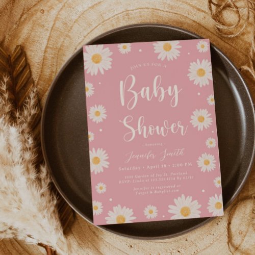 Pink Daisy Floral Girl Baby Shower Invitation