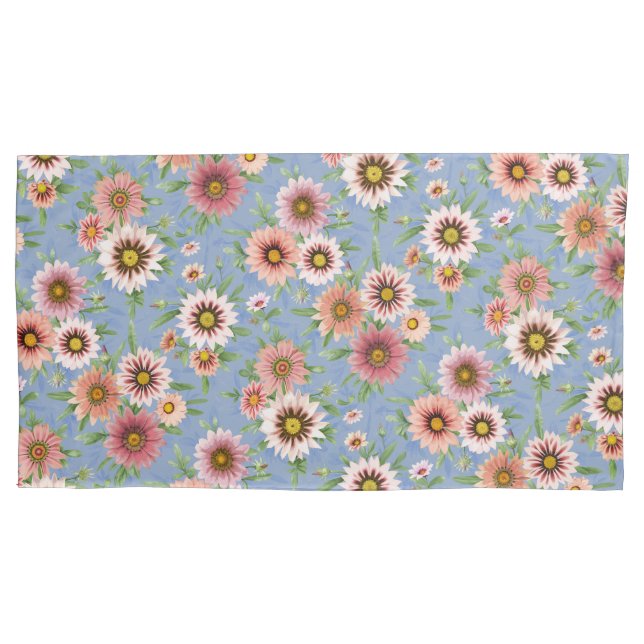 Pink Daisy Floral on Blue Pillow Case (Front-Left)