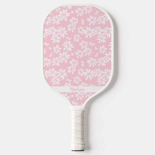 Pink Daisy Floral Pattern Personalized Name Cute Pickleball Paddle (Front)