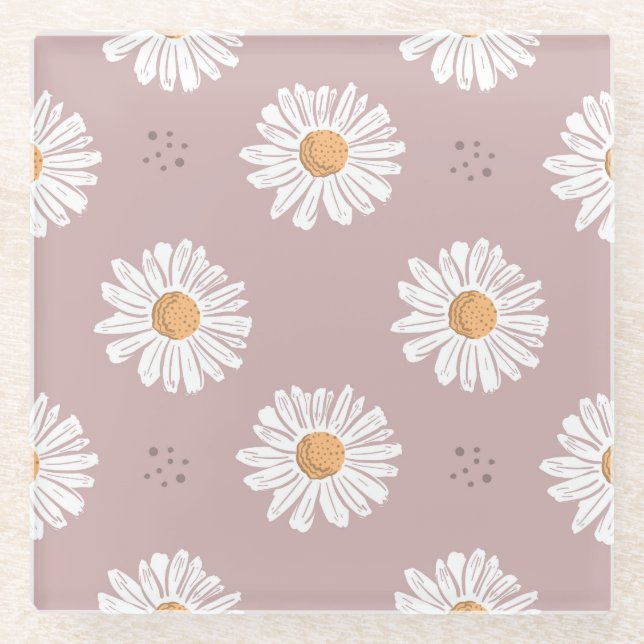 Pink Daisy: Floral Repeat Pattern. Glass Coaster (Front)