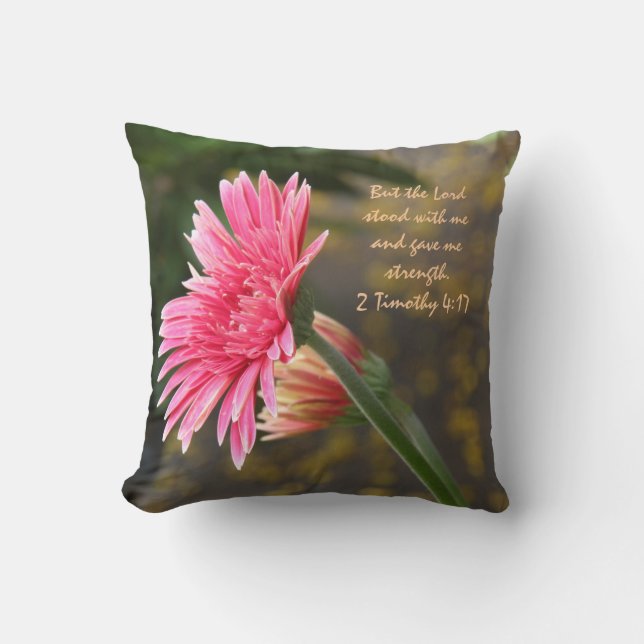 Pink Daisy Floral; Scripture Verse God's Strength Throw Pillow (Front)