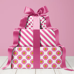 Pink Daisy Floral Stripes Polka Dot Wrapping Paper Sheets