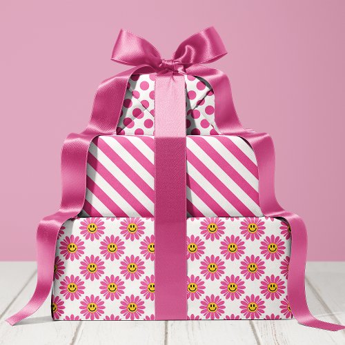 Pink Daisy Floral Stripes Polka Dot Wrapping Paper Sheets