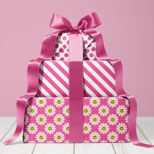 Pink Daisy Floral Stripes Polka Dot Wrapping Paper Sheets