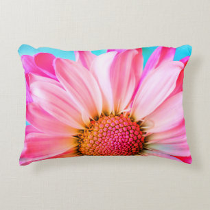 Pink daisy flower and polka dot blue watercolor accent pillow