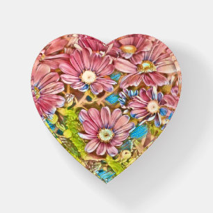 Pink Daisy Flower Art Heart Paperweight