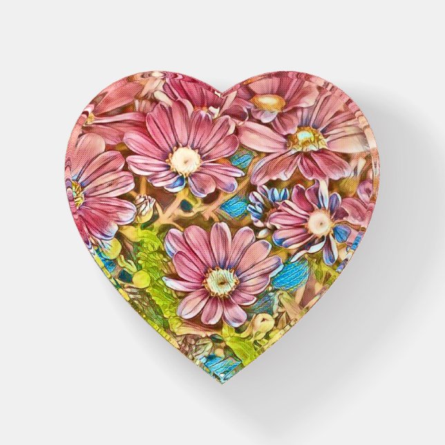 Pink Daisy Flower Art Heart Paperweight (Front)