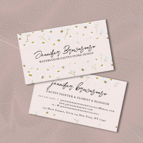 Pink Daisy Flower Chic Elegant Signature Script Business Card