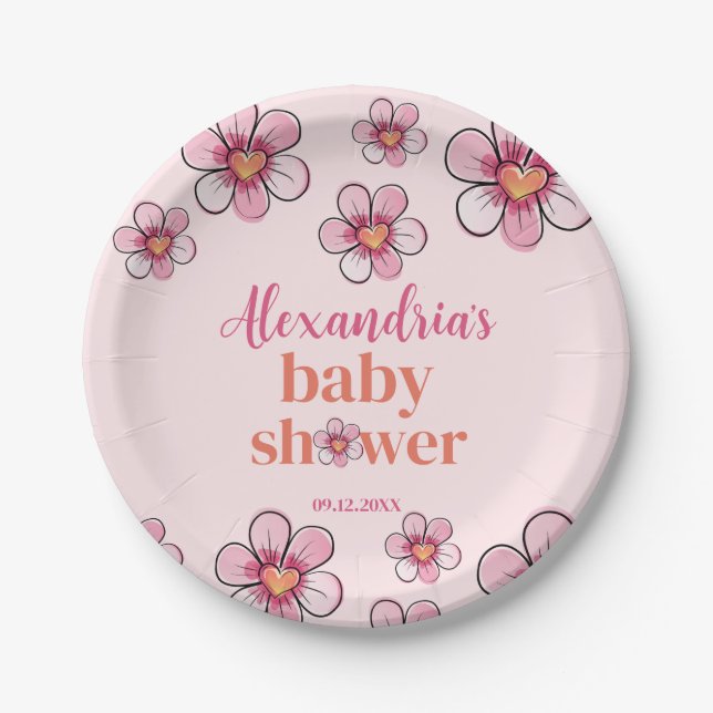 Pink Daisy Flower Girls Baby Shower  Paper Plates (Front)