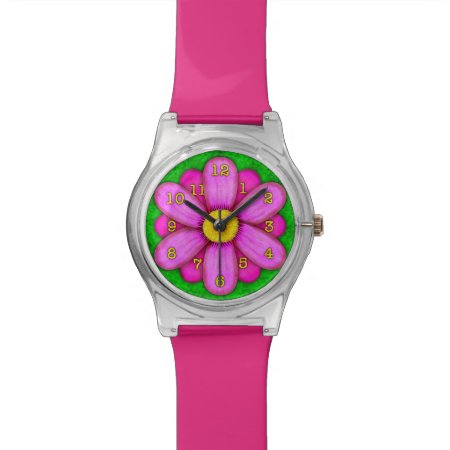 Pink Daisy Flower On Green Beautiful Wrist Watch