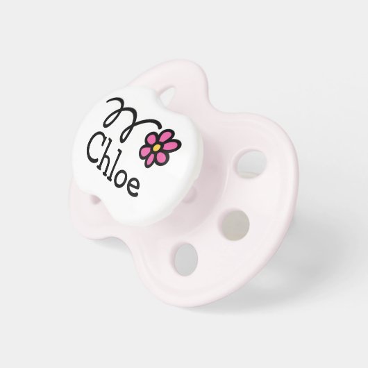 Pink daisy flower pacifier for baby name Chloe (Front Right)