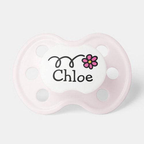 Pink daisy flower pacifier for baby name Chloe