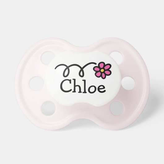 Pink daisy flower pacifier for baby name Chloe (Front)