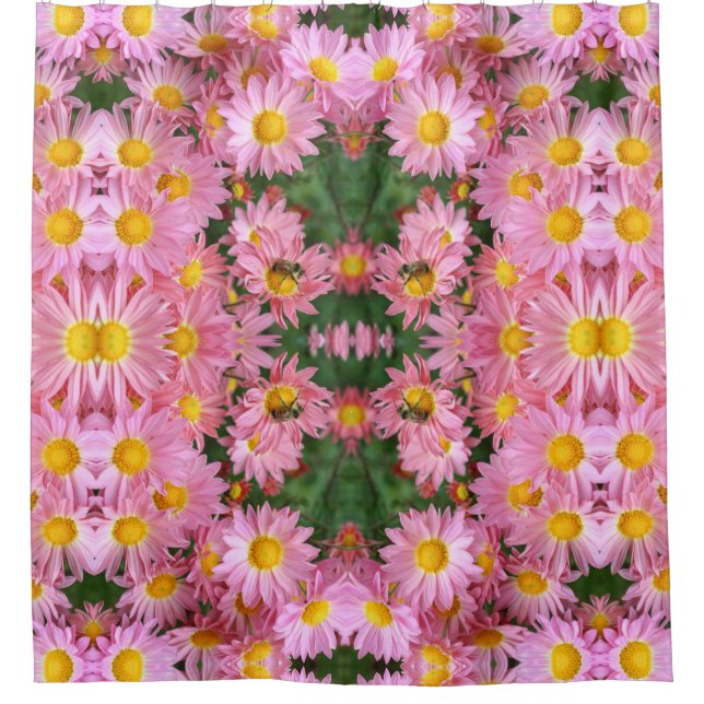 Pink Daisy Flowers And Bumble Bee Nature Pattern   Shower Curtain (Front)