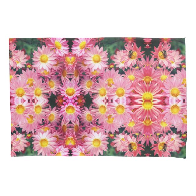Pink Daisy Flowers And Bumble Bee Pattern Pillow Case (Front)