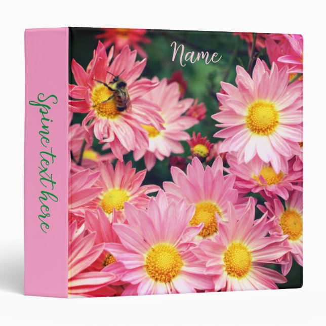 Pink Daisy Flowers And Bumble Bee Personalized 3 Ring Binder (Front/Spine)