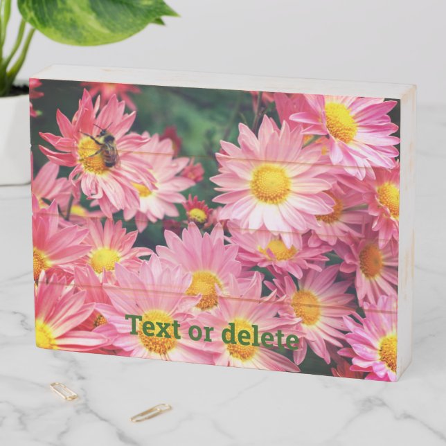 Pink Daisy Flowers And Bumble Bee Personalized Wooden Box Sign (In Situ Horizontal)