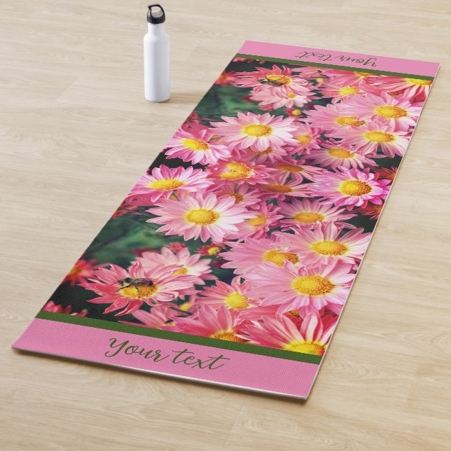 Pink Daisy Flowers And Bumble Bee Personalized Yoga Mat (In Situ)