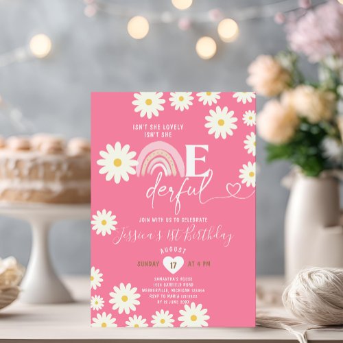 Pink Daisy Flowers Isnt She Onederful Birthday Invitation