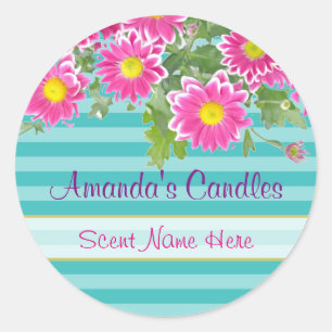 Pink Daisy Flowers on Turquoise Stripe Candle Classic Round Sticker