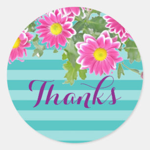 Pink Daisy Flowers on Turquoise Stripes "Thanks" Classic Round Sticker