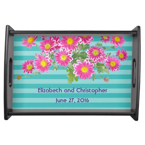 Pink Daisy Flowers on Turquoise Stripes Wedding Serving Tray