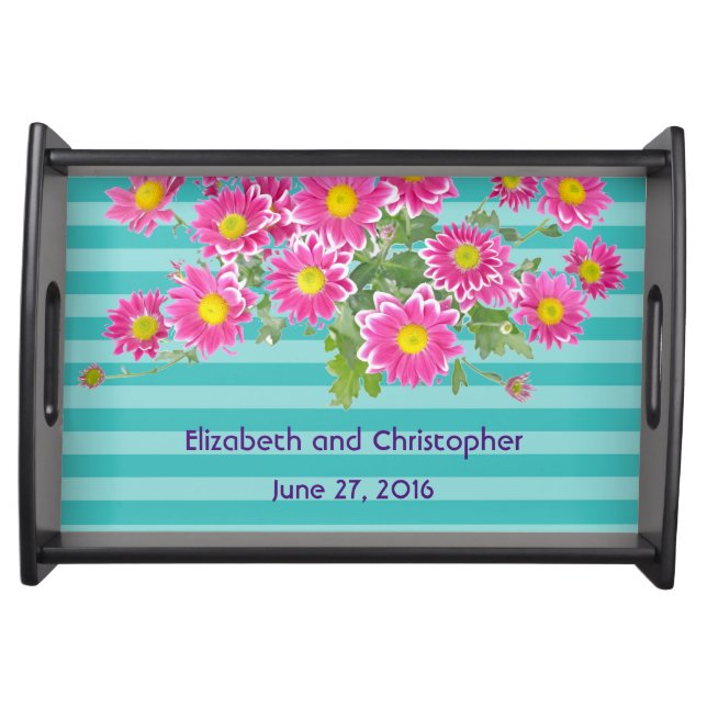 Pink Daisy Flowers on Turquoise Stripes Wedding Serving Tray (Front)
