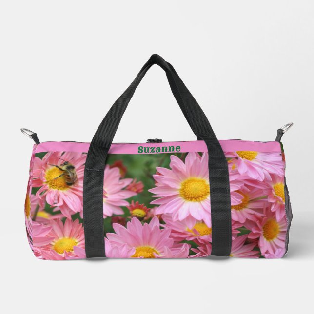 Pink Daisy Flowers Personalized Duffle Bag (Front)