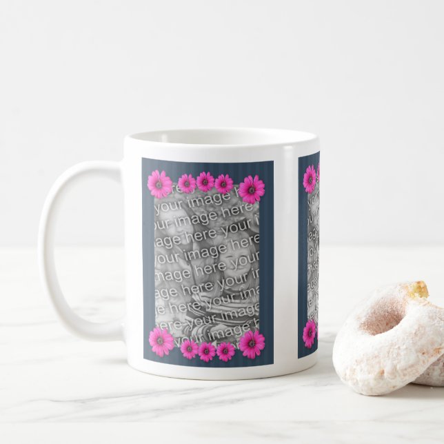 Pink Daisy Flowers Photo Frame Coffee Mug (With Donut)