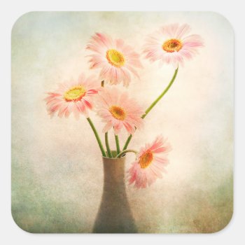 Pink Daisy Flowers Vase Daisies Watercolor Flower Square Sticker by SilverSpiral at Zazzle