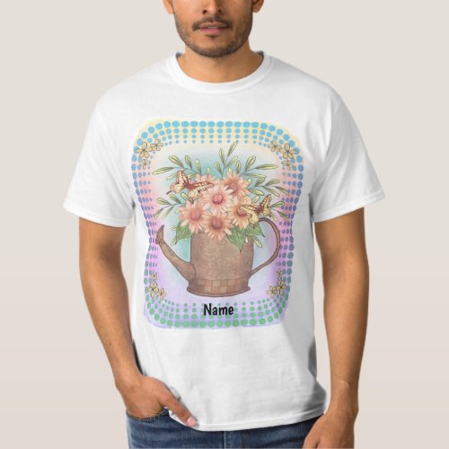 Pink Daisy flowers Watercan custom name T_Shirt