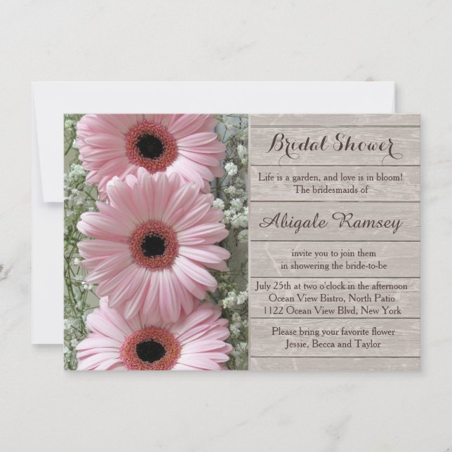 Pink daisy gerbera on wood Bridal Shower Invitation (Front)
