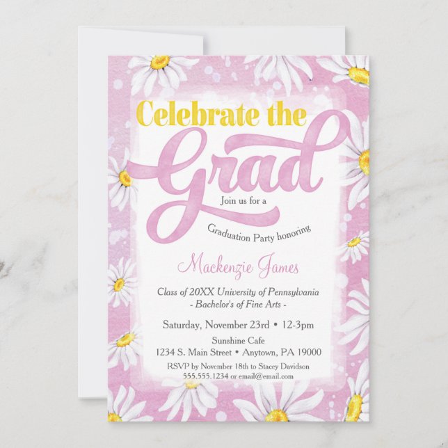 Pink Daisy Graduation Party Invitation Cute Floral (Front)