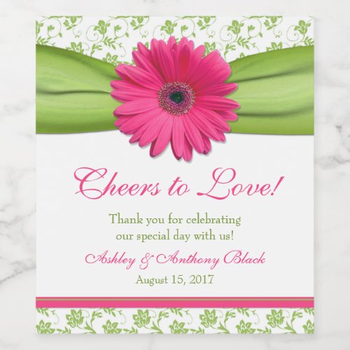 Pink Daisy Green Floral Cheers to Love Wine Label