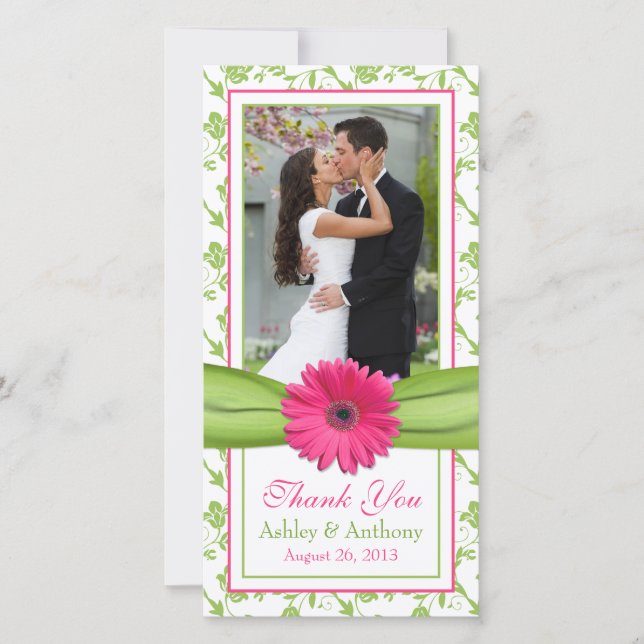 Pink Daisy Green Floral Ribbon Wedding Thank You Card (Front)